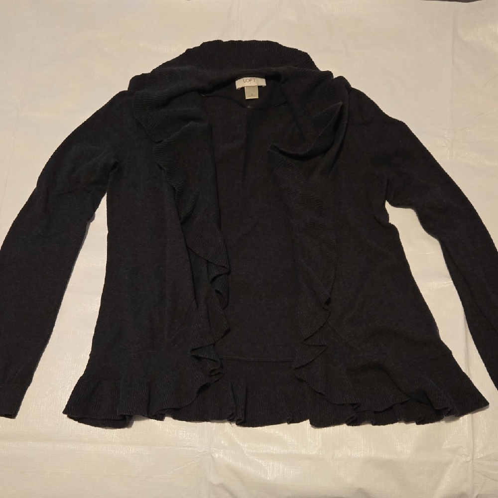 LOFT Charcoal Ruffle Cardigan Sweater Size Small